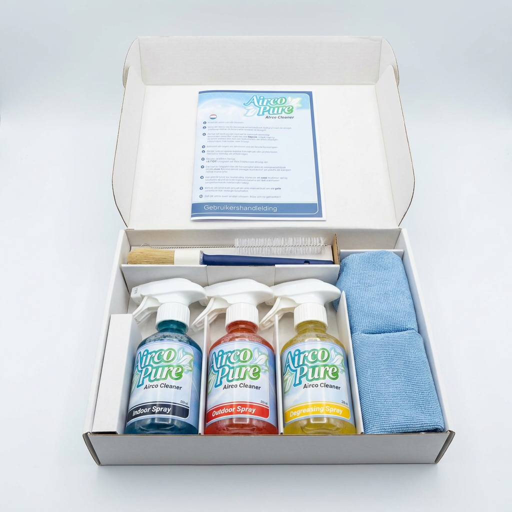 AircoPure kit — inhoud met drie sprays, borstels en doeken